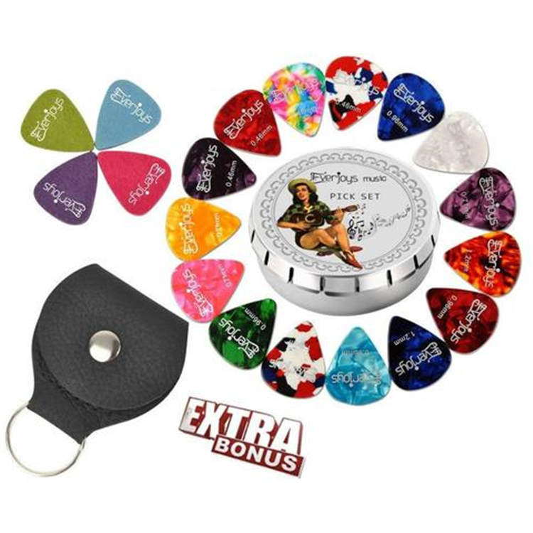 Guitar Picks - 20Pack Целлулоидные и фетровые медиаторы для бас-гитары Гавайская гитара Включает в себя тонкие, средние, тяжелые и сверхтяжелые датчики с кожанным держателем для кирок и жестяной короб