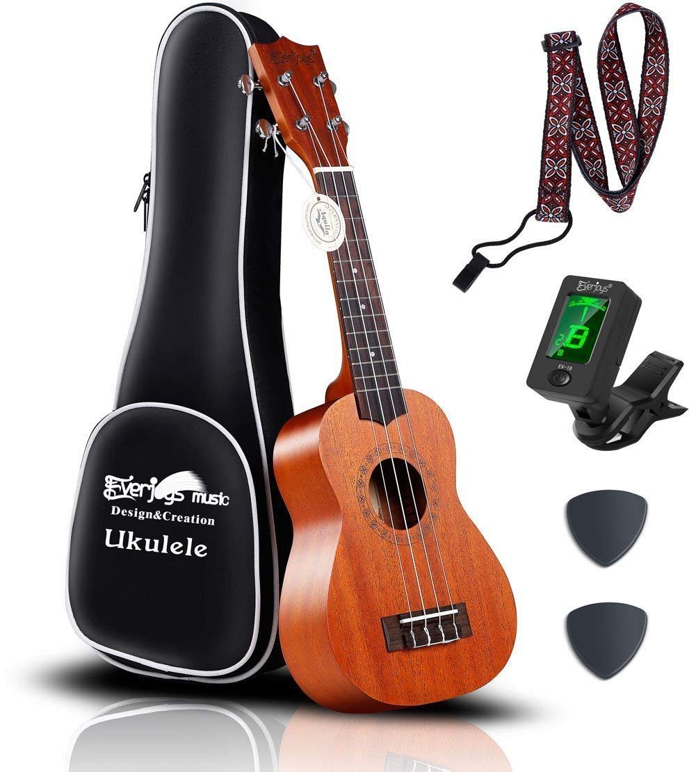 Комплект Ukulele из красного дерева сопрано - Профессиональный 21-дюймовый с чехлом-ремешком для ремешка Aquila Strings EVUKP02