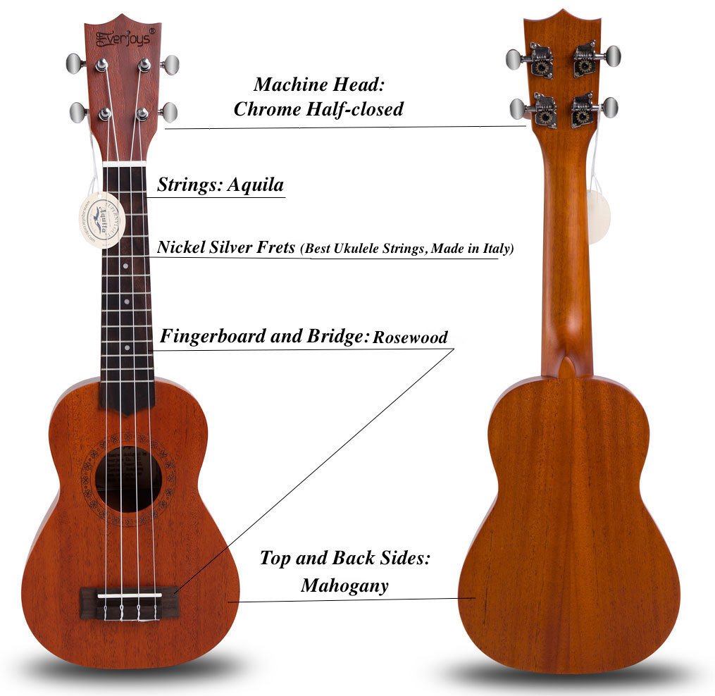 Комплект Ukulele из красного дерева сопрано - Профессиональный 21-дюймовый с чехлом-ремешком для ремешка Aquila Strings EVUKP02