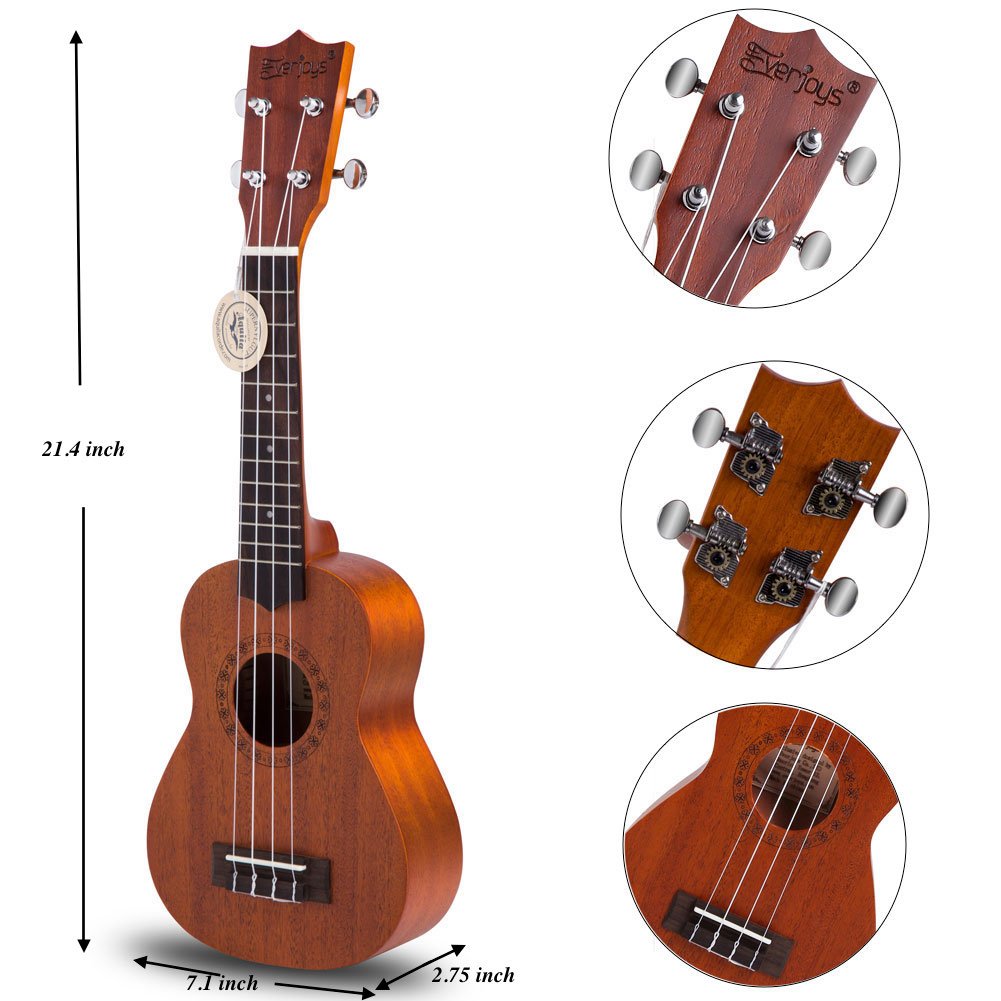 Комплект Ukulele из красного дерева сопрано - Профессиональный 21-дюймовый с чехлом-ремешком для ремешка Aquila Strings EVUKP02